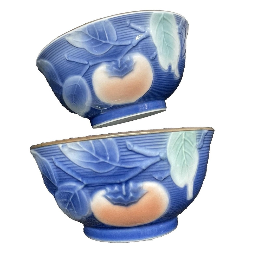 Vintage Andrea by Sadek‎ Japanese Hand Painted Bowls Set Blue Embossed Persimmon